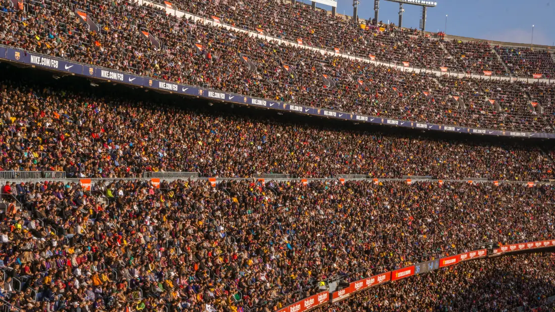 Packed stadium crowd in tiered seating, representing reach versus relevance in media buying