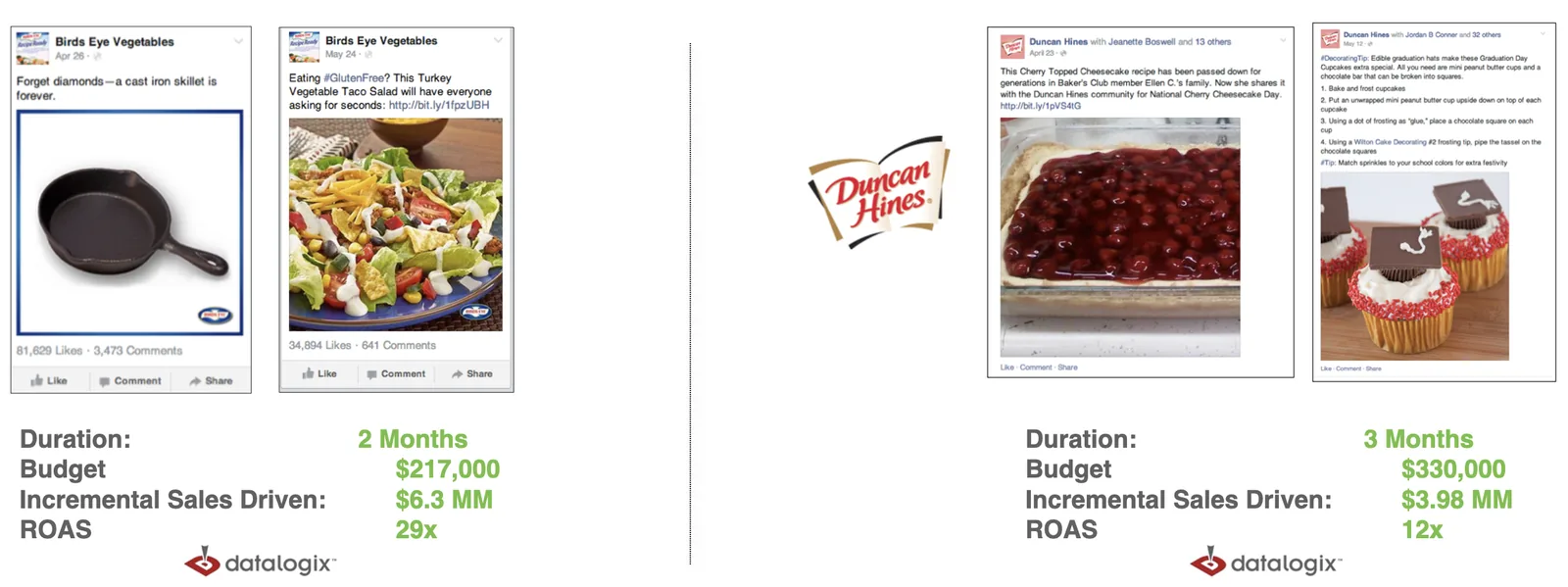 Facebook posts for Birds Eye and Duncan Hines alongside Datalogix result panels showing 29x and 12x returns on incremental sales