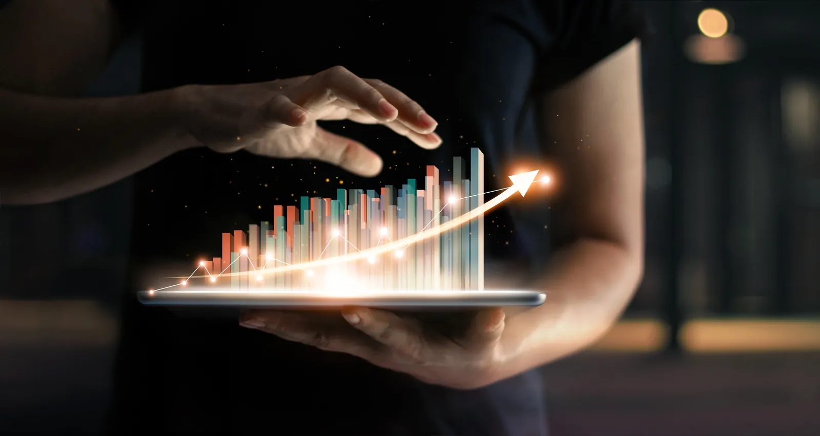 An abstract landscape of data points and light, representing search reputation work for Nasdaq's Directors Desk