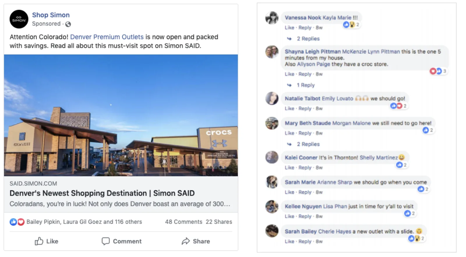 A sponsored Simon SAID Facebook post promoting the Denver Premium Outlets opening, with reader comments visible