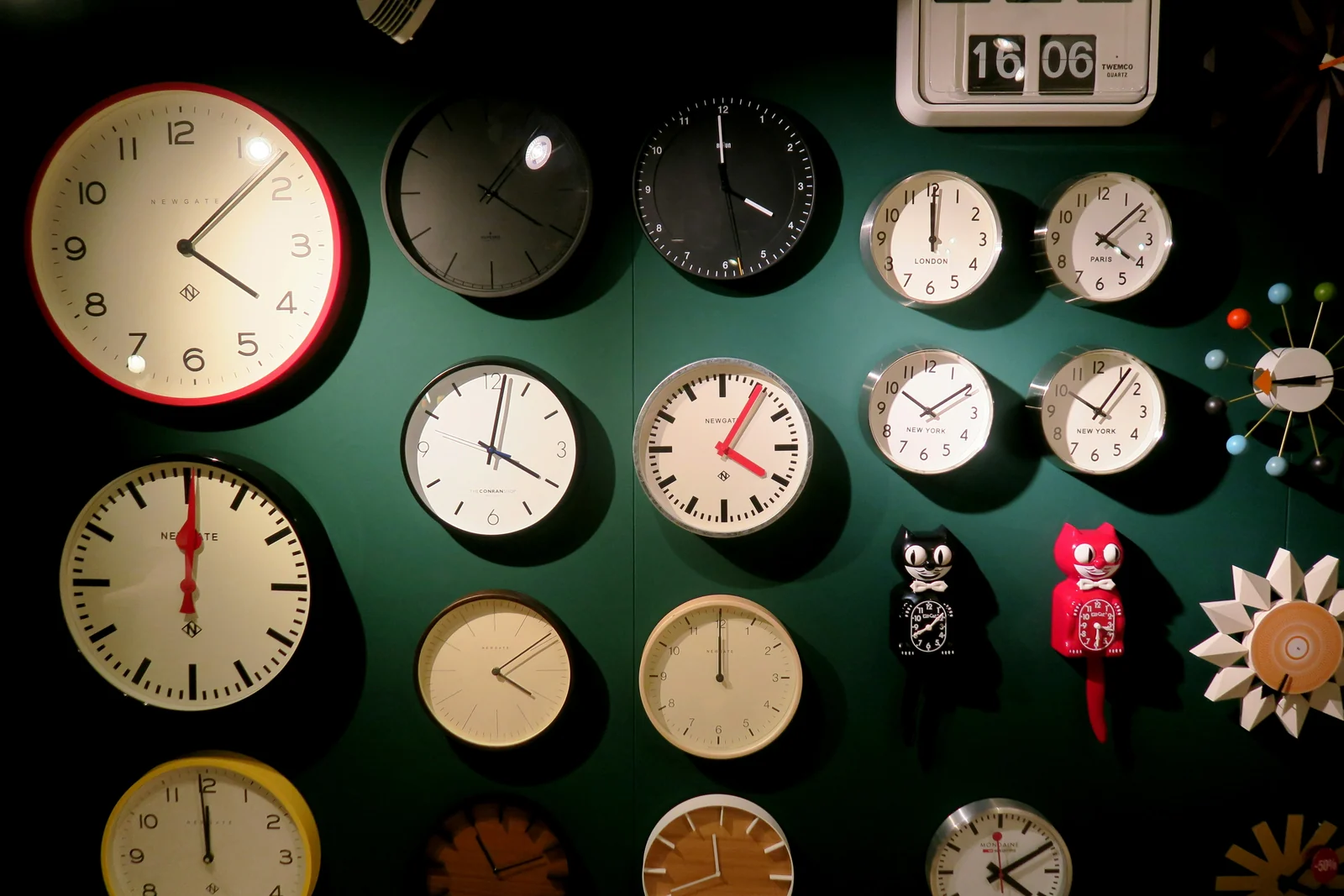 A wall of clocks showing different times, the raw schedule dayparting reads