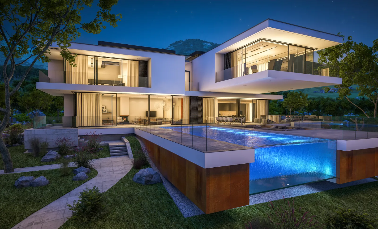 A modern villa with a glass pool at dusk, representing digital marketing built for luxury consumers