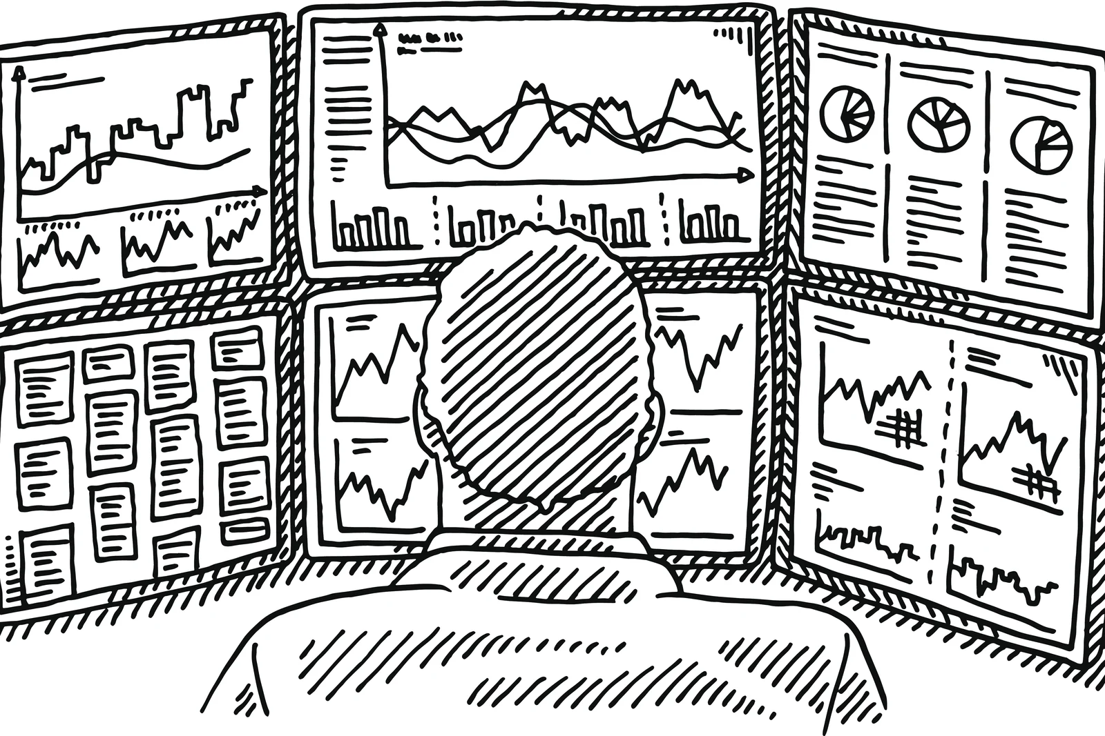 Hand-drawn wireframes and chart sketches spread across a desk