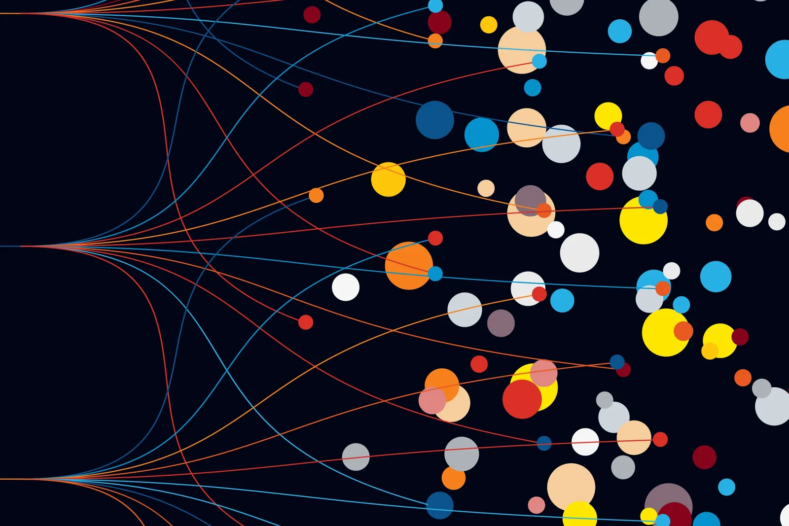Colorful dots connected by curving lines fanning out across a dark field, representing serendipitous discovery traffic