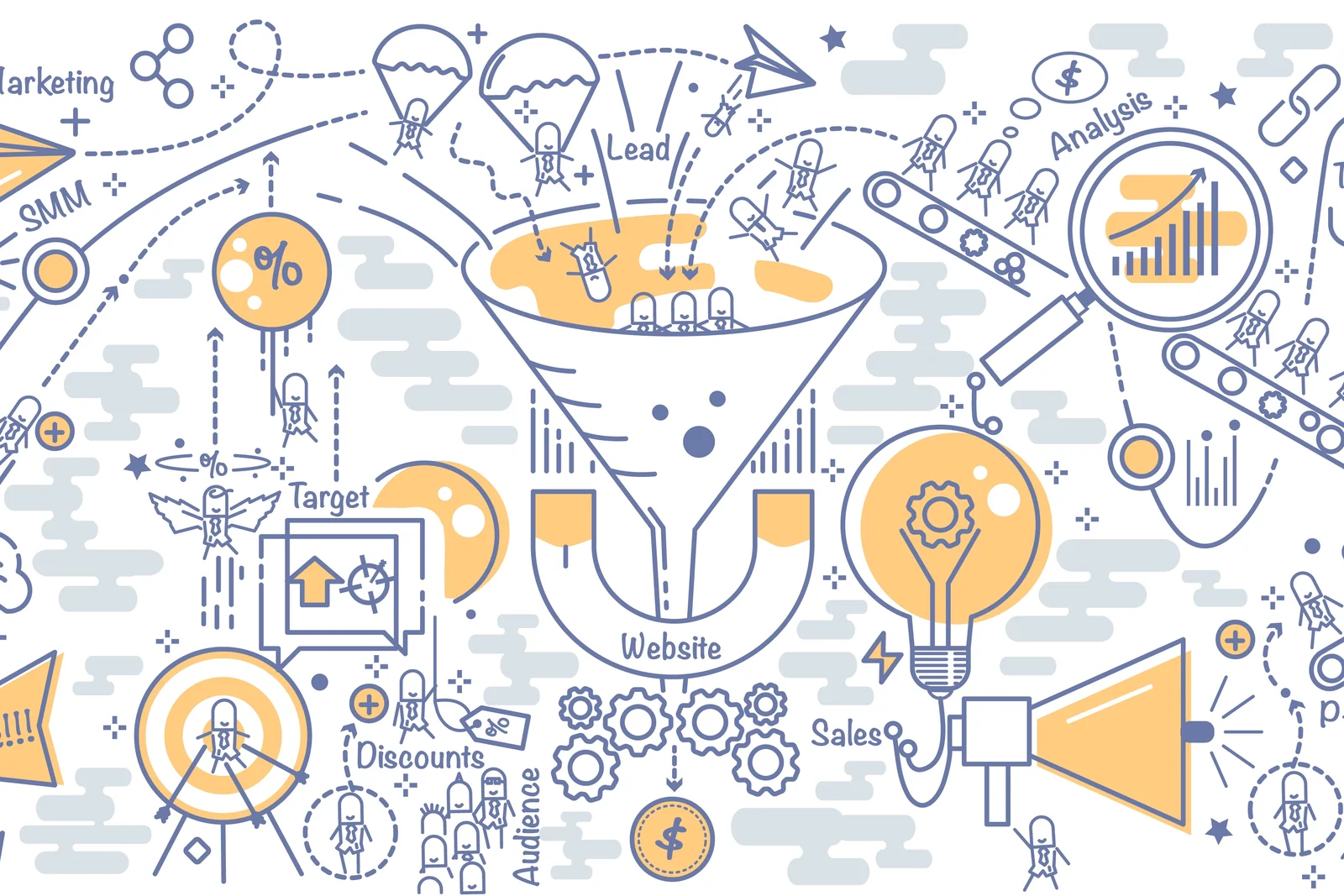 A dense line-art doodle of marketing machinery: funnels, targets, gears, megaphones, and metrics