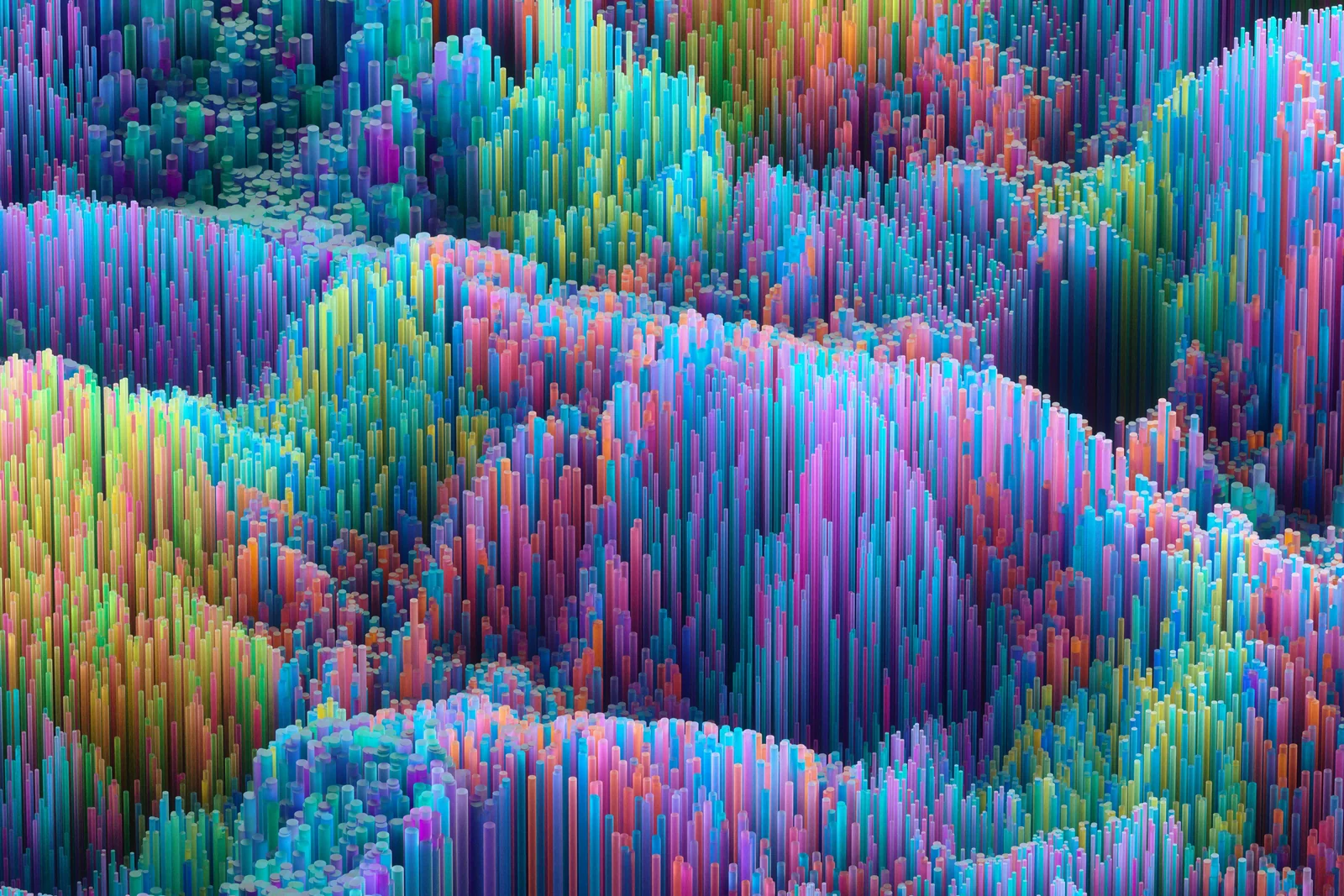 A dense field of colorful 3D rods at varying heights like a bar chart terrain