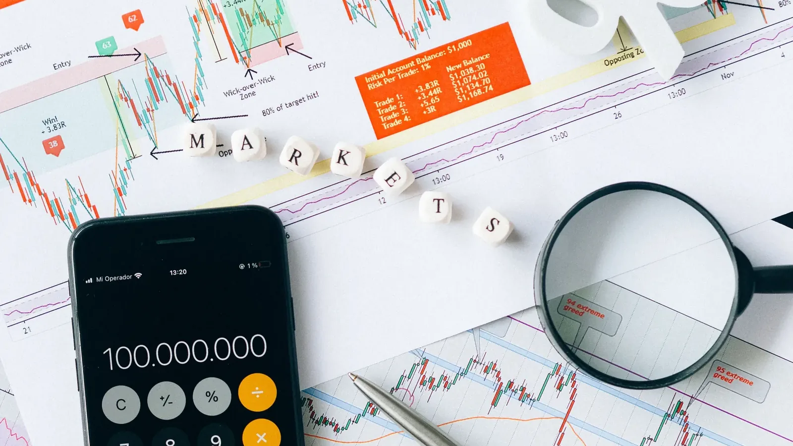 La calcolatrice di uno smartphone che mostra 100.000.000 accanto a grafici di mercato e a una lente d'ingrandimento: digital marketing e advertising per servizi finanziari e fintech