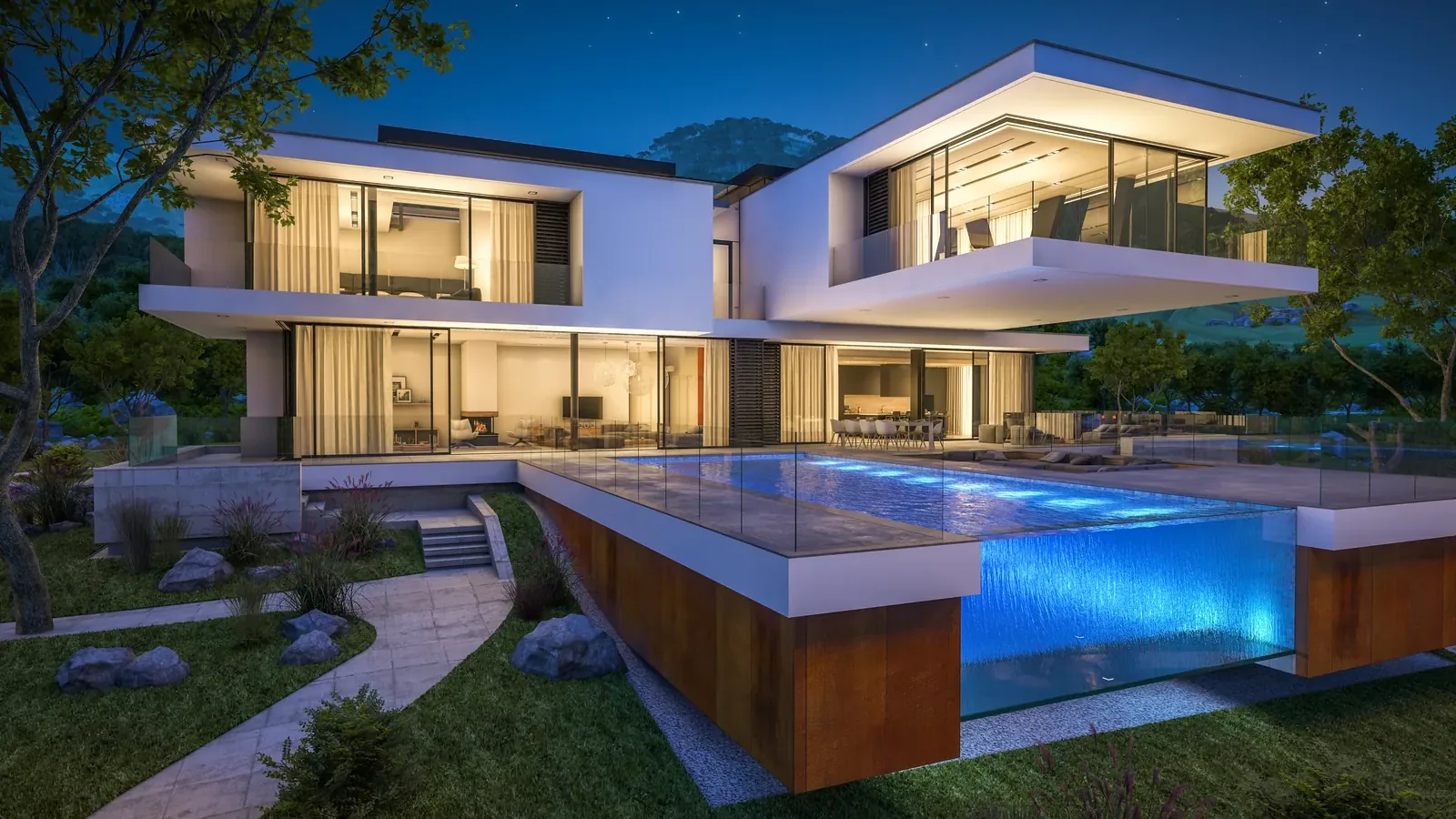 Eine moderne Villa mit beleuchtetem Infinity-Pool in der Abenddämmerung: Digitalmarketing und Werbung für Luxusmarken und Hotels