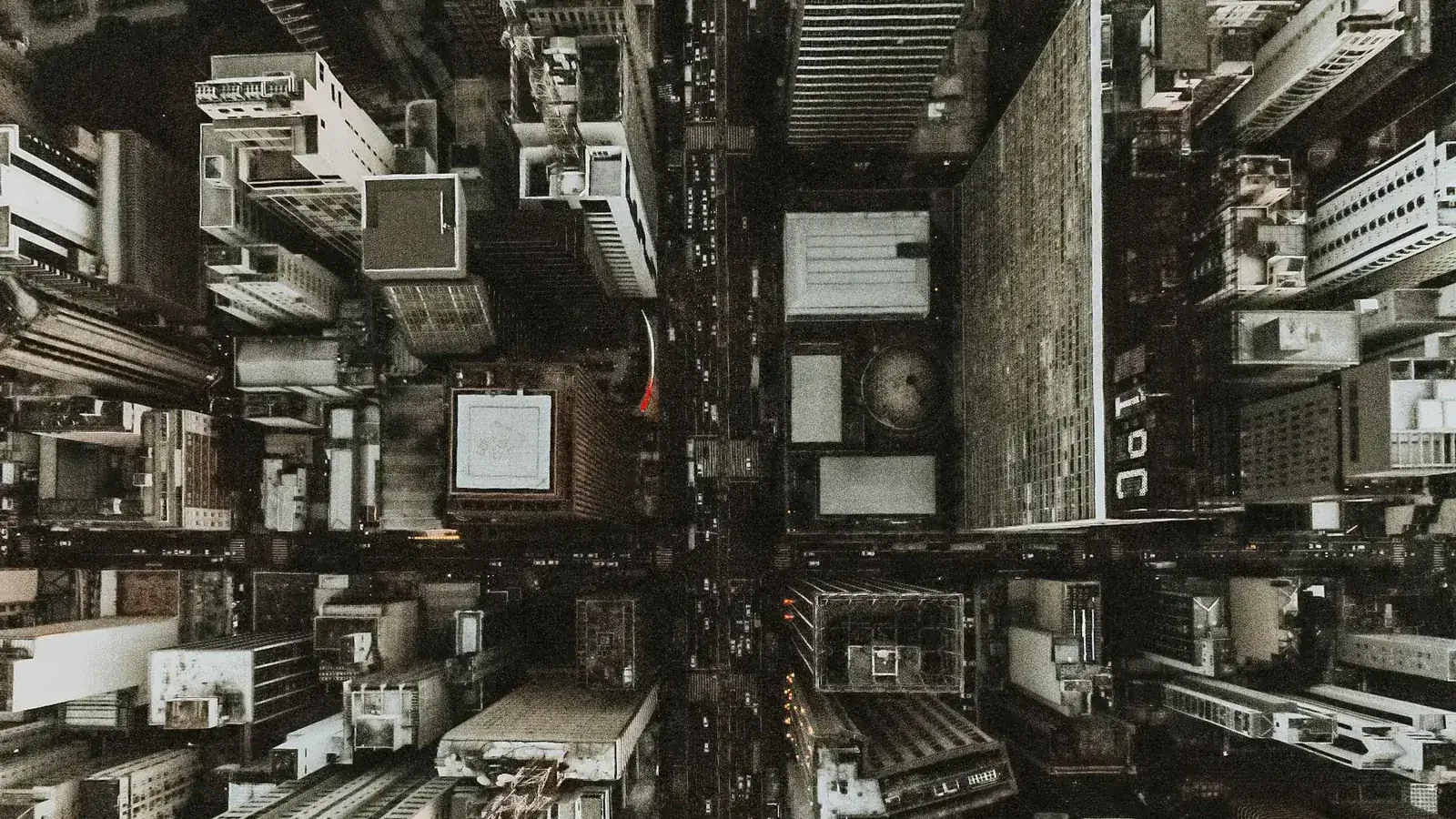 Looking straight down at city towers and streets: digital marketing and advertising for real estate developers and owners